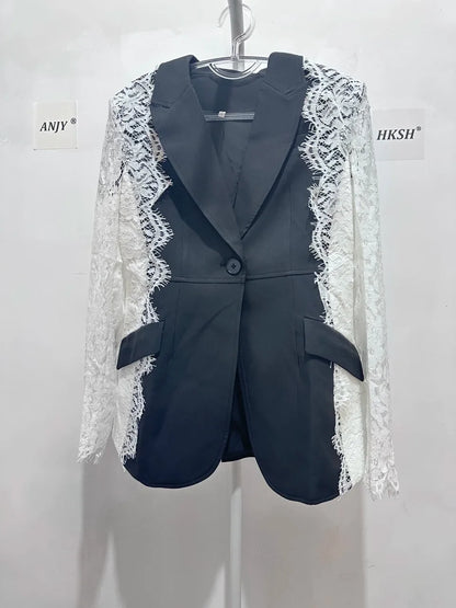 Autumn New Women Tide Chic Elegant Fashion Single Button Patchwork Lace Contrast Color Waist Cinching Pocket Blazer  HK7609