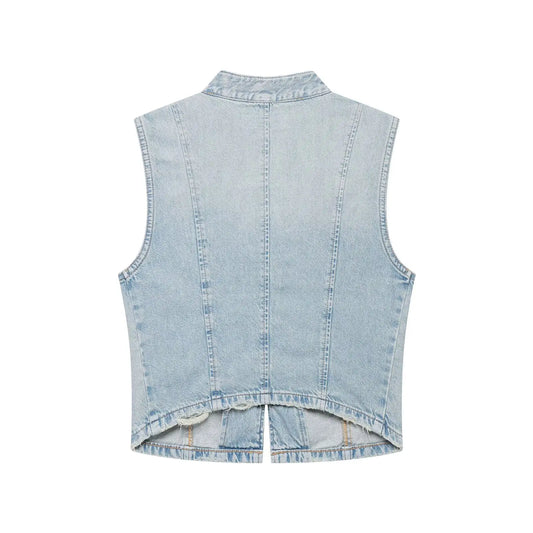 2026 Y2K Vintage Washed Denim Vest Women Stand Collar Multi Metal Button Sleeveless Cropped Waistcoat Streetwear Outerwear