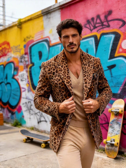 New Men's Suit Jacket Leopard Print Velvet Single Breasted Slim Men's Suit Coat Casual Party Wild And Trendy Handsome Blazers