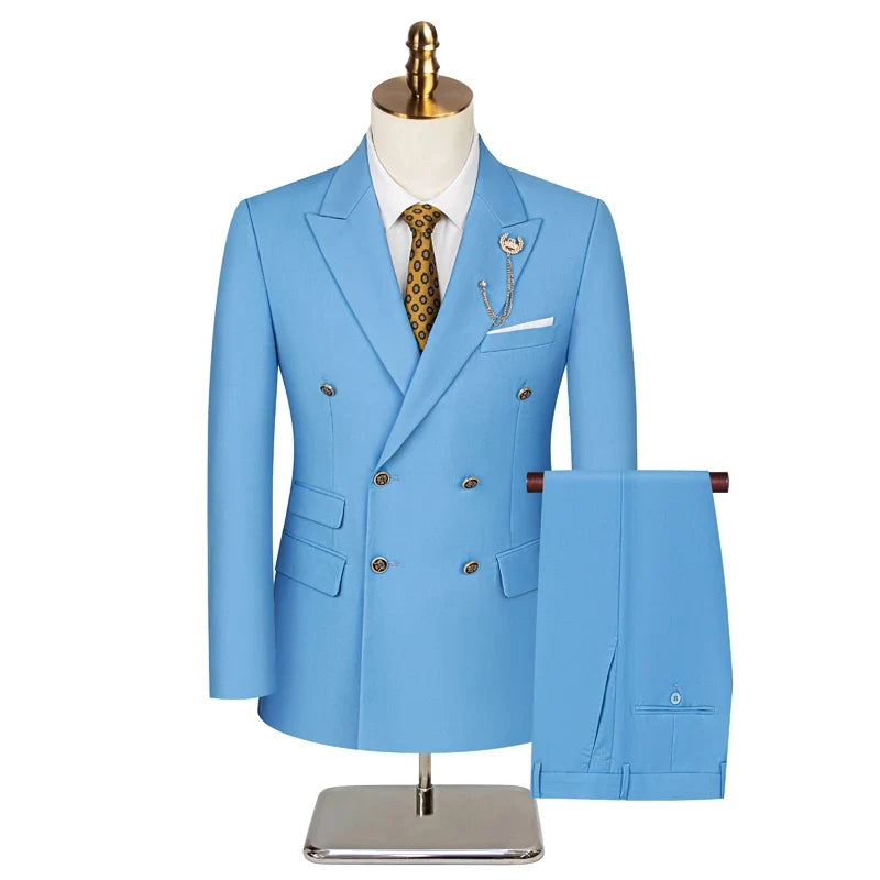 Men's 2 Piece Double Breasted Suit Set Slim Fit Peaked Lapel Formal Blazer Pants Luxury Business Wedding Groom Tuxedo For Men