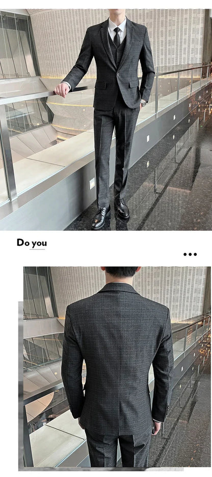 Men's 3-Piece Suit Set Slim Fit Single Breasted Business Formal Wedding Blazer Vest Pants