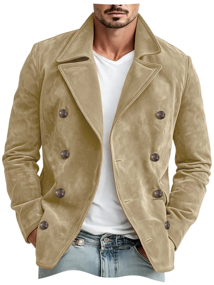 Men Faux Suede Jacket Double Breasted Lapel Collar Casual Blazer Vintage Comfort Business Office Autumn Winter Fashion Male Coat