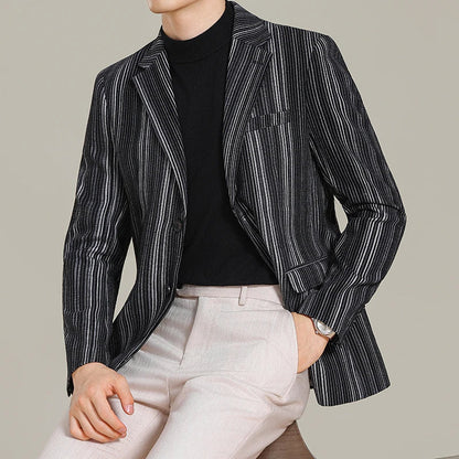 2025 Autumn Winter Velvet Striped Fashion Casual Suit Jacket Slim Fit Versatile Business Blazers Social Wedding Groom Dress Coat