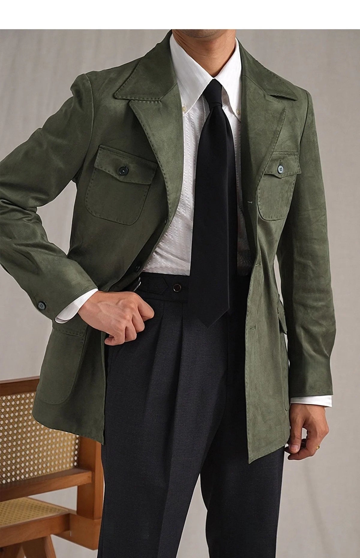 Hunting Jacket With Lapel Collar Men's Vintage-Style Faux Suede Blazer Fashionable Casual Italian Slim Fit Trendsetter Safari