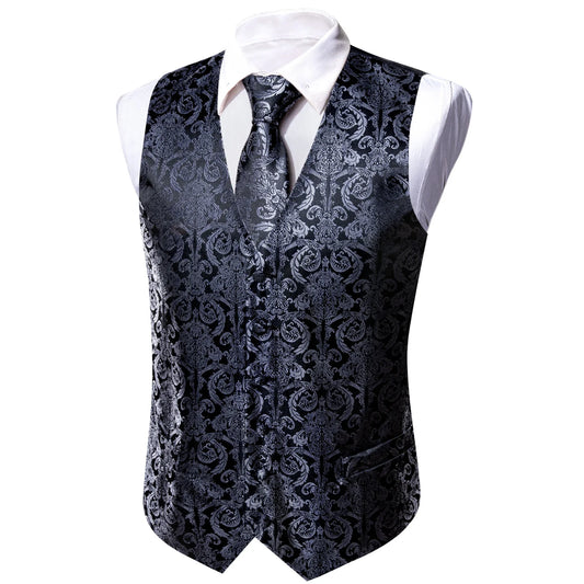 Men's Vest Matching Set Black Silver Vintage Jacquard V-Neck for Business Banquet
