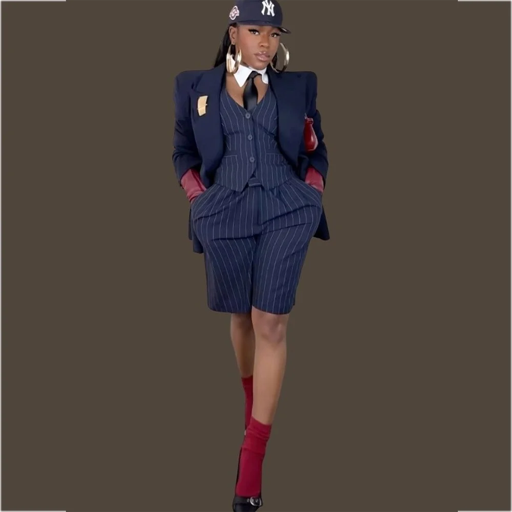 High Sreeet Style Women Suit Three Pieces Peak Lapel Blazer Vest Shorts Unique Design Straight Daily Casual Fashion Clothes Set