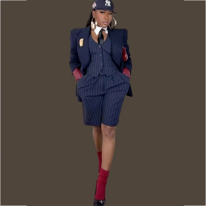 High Sreeet Style Women Suit Three Pieces Peak Lapel Blazer Vest Shorts Unique Design Straight Daily Casual Fashion Clothes Set