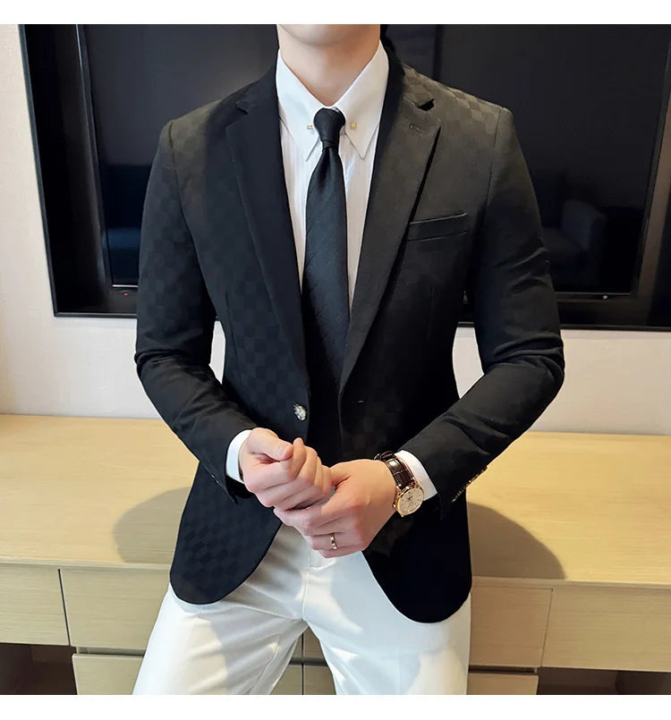2024 Spring Plaid Blazers Men Single Breasted Casual Business Suit Jacket Fashion Slim Social Banquet Wedding Groom Dress Coats