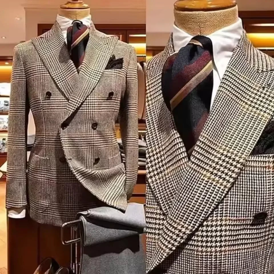 Formal Men's Jacket Houndstooth Woolen Brown Blazer with Peak Lapel Casual Wedding Business Party Coat Autumn Winter Customized