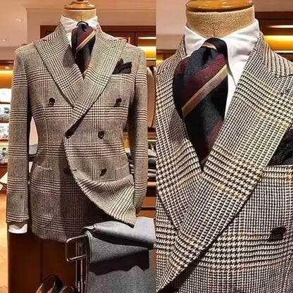 Formal Men's Jacket Houndstooth Woolen Brown Blazer with Peak Lapel Casual Wedding Business Party Coat Autumn Winter Customized