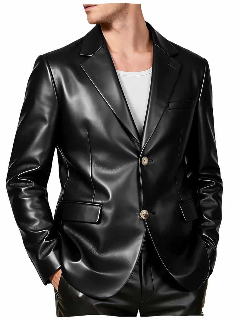 Men's Faux Leather Blazer Single Breasted Slim Jacket Fit Formal Outer Jacket for Business Wedding Party Business Daily Wear