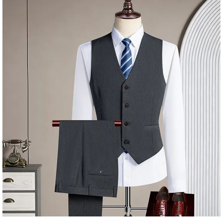 New Korean-style Casual Suit - Stylish and Handsome Solid-color Wedding Banquet Tailored Suit Set of Three Pieces