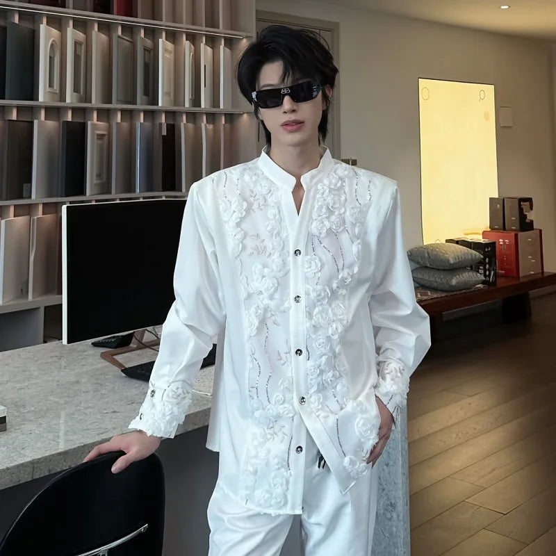 Business Men Work Suit Diamond Tassel Flower Collar Double Breasted Blazer Pants Three Piece Set Loose Fit Gown Dress Suit Sets
