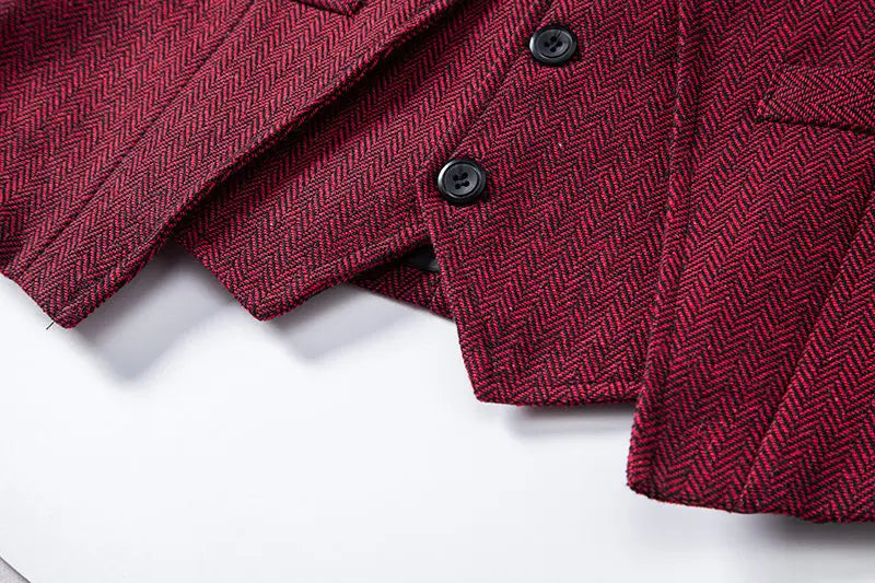 Men's Triple-Breasted Herringbone Tweed Vest – Retro Fake Two-Piece Waistcoat for Weddings & Smart-Casual Occasions