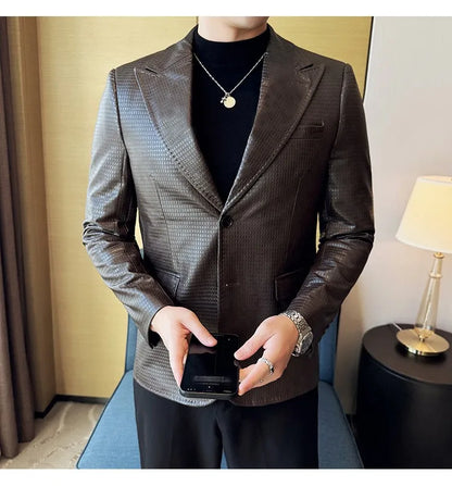 Korean Waffle Leather Suit Jacket Men's Business Casual PU Leather Blazer Slim Fit Wedding Groom Office Social Formal Coats 2026