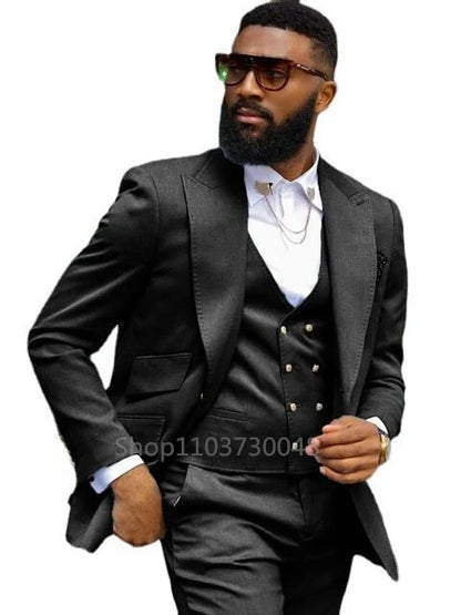 Formal Solid Men 3 Piece Wedding Suit Groom Tuxedo Slim Fit Peak Lapel Jacket Business/Wedding Suit Sets(Blazer+Pants+Vest)
