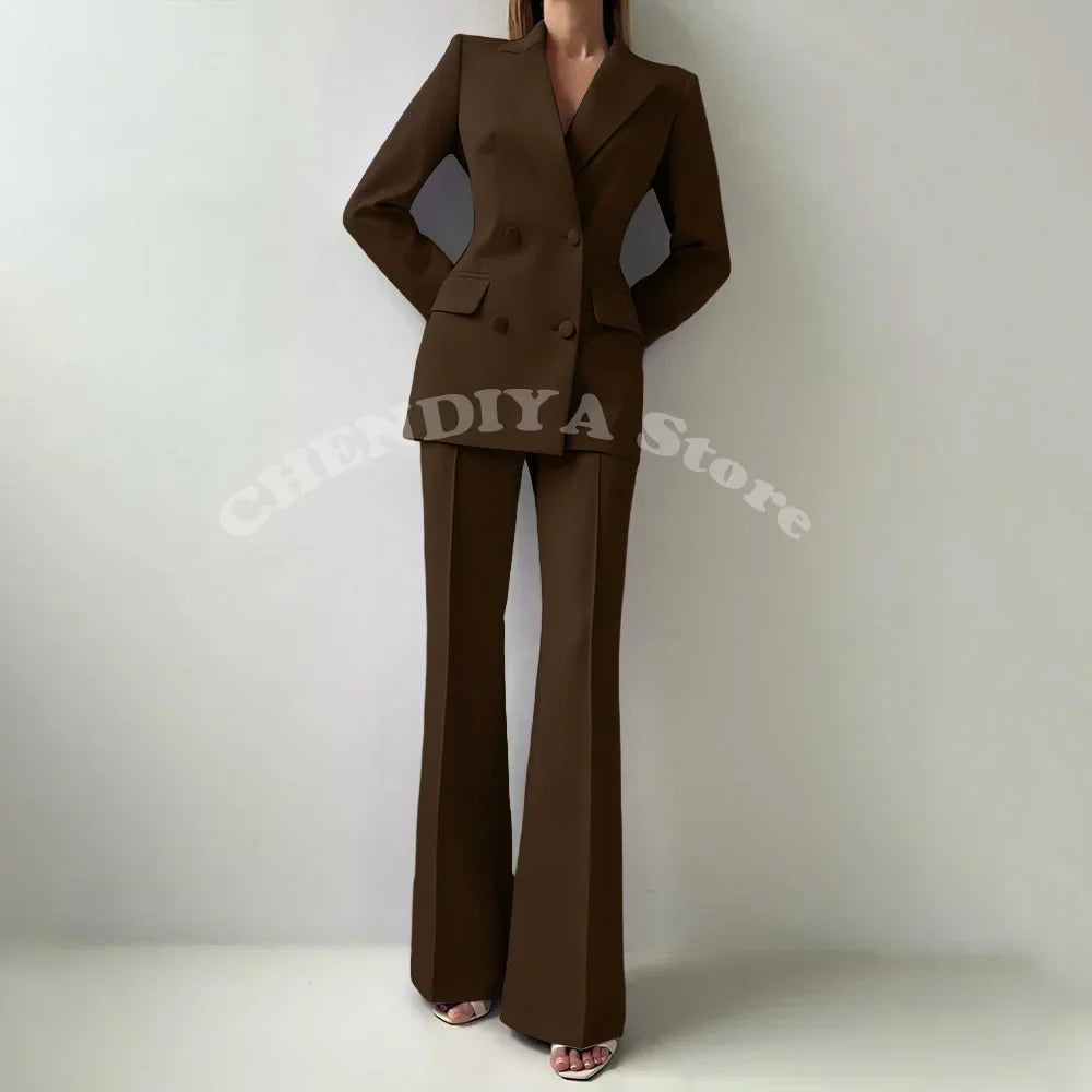 Women Suits Sets 2 Piece Elegant Peak Lapel Double Breasted Outfits Fashion Daily Casual Chic Female Suit (Jacket+Pants)