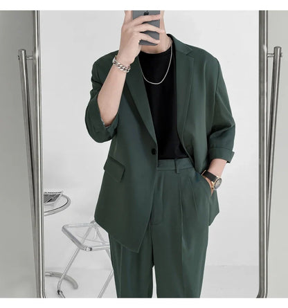 2022 Fashion Summer 2-piece Set Solid Color Single-breasted Casual Simple Student Wear Homme Loose Suits Wear (Blazers + Pants)