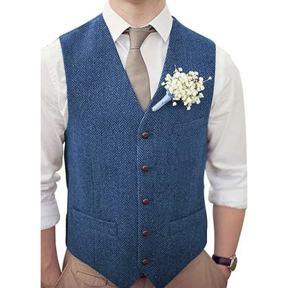 Men's Vest Herringbone V-Neck Single Button Waistcoat for Wedding, Business & Casual Wear