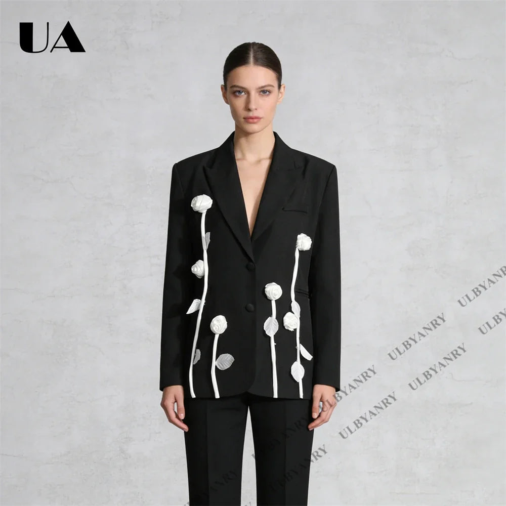 Unique Design Women’s Blazer – Black, 3D White Rose, Long Sleeve, Button Closure, Work Date Jacket Office Casual Jacket