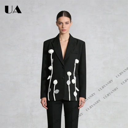 Unique Design Women’s Blazer – Black, 3D White Rose, Long Sleeve, Button Closure, Work Date Jacket Office Casual Jacket