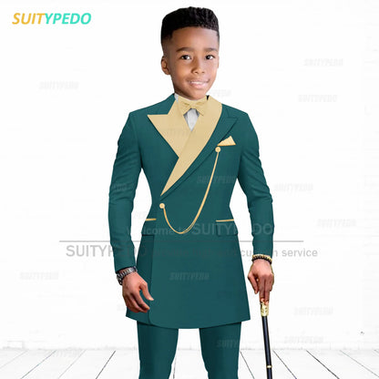Brief Kids Suit Set  Formal Evening Prom Boys Stylish Gold Lapel Blazer And Pants Two Pieces Children Baptism Formal Costumes