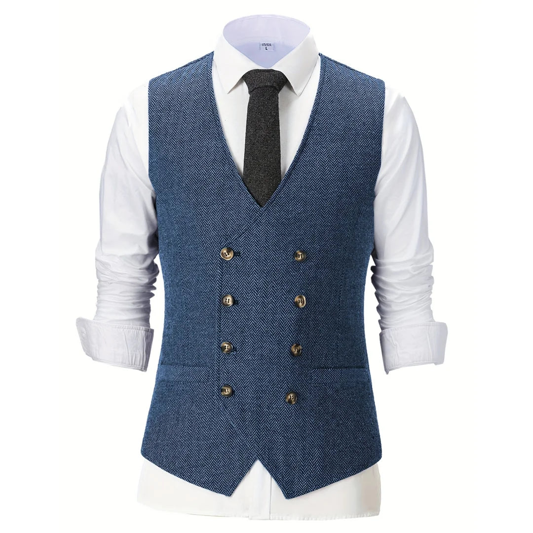 Men Vest Champagne Herringbone Double Breasted V-Neck Waistcoat for Wedding & Business