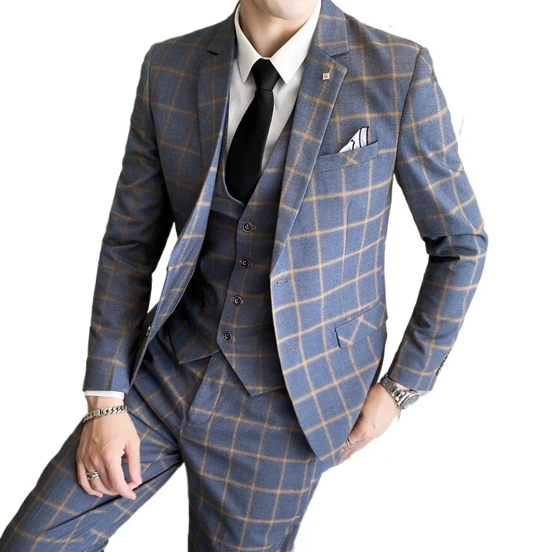 Men's Suit Set – Blazer, Vest & Trousers – British Grid Smart Casual for Business & Weddings