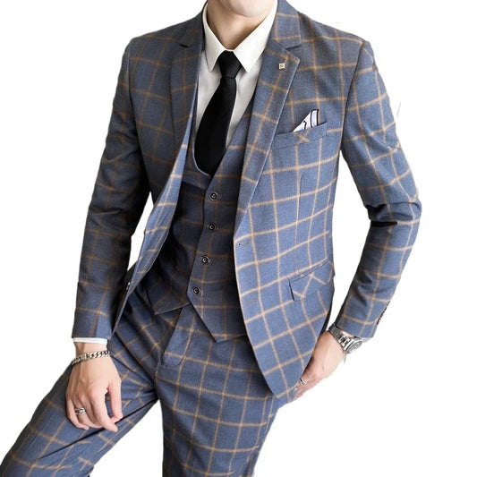 Men's Suit Set – Blazer, Vest & Trousers – British Grid Smart Casual for Business & Weddings
