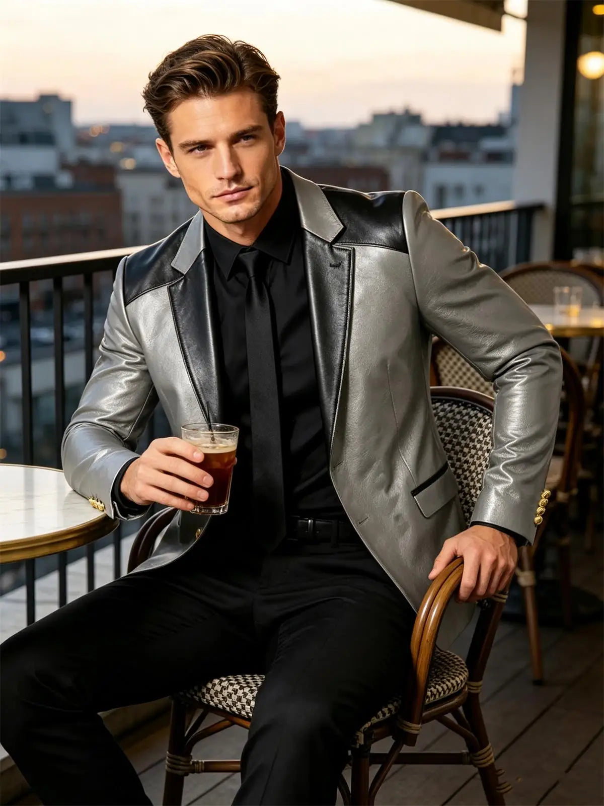 PU Leather Men's Suit Blazer Patchwork Style Wedding Groom Tuxedo Formal Office Prom Jacket High Quality Business Casual Coat