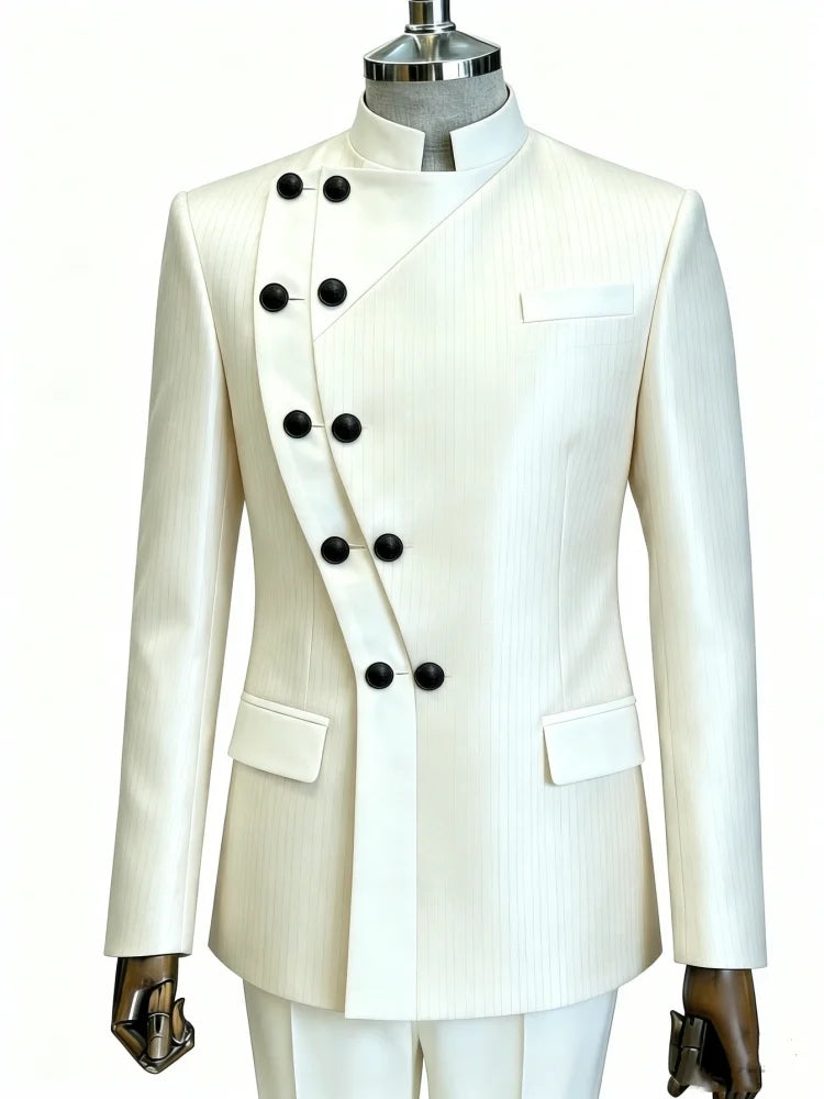 Mens Slim Fit Pinstriped Stand Collar Blazer Asymmetric Button Design Business Formal Event Suit Jacket