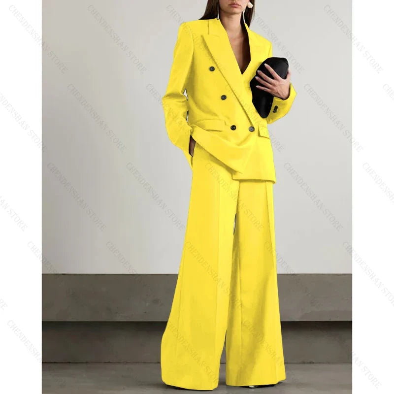 Chic Loose Dark Brown Double Breasted Women Pants Set High-end Female Two Pieces(Jacket+Trousers)أطقم بناطيل