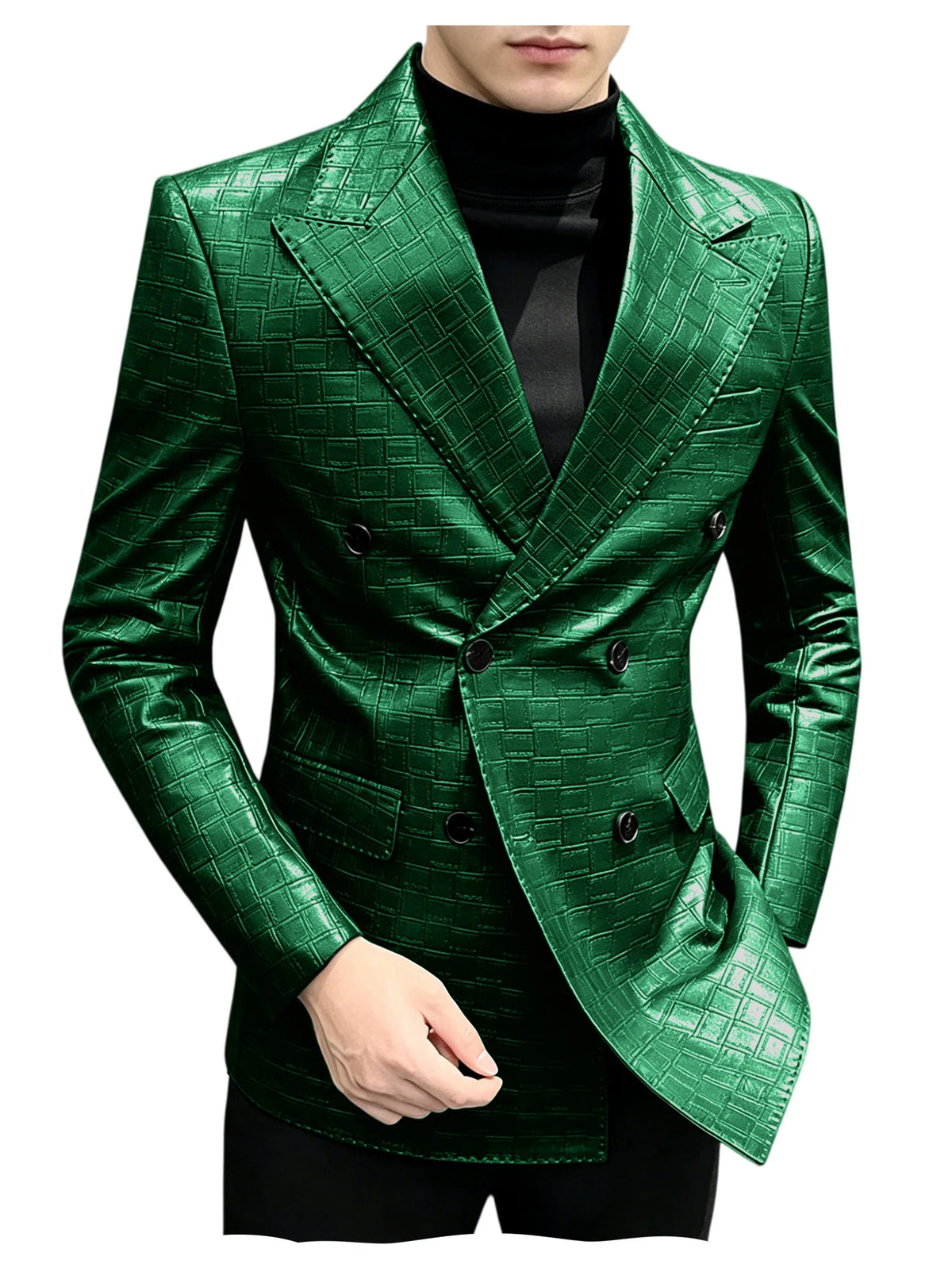 Men's Crocodile Leather Blazer Double Breasted Slim Fit Suit Jacket Formal Business Casual Sport Coat Wedding Party Streetwear