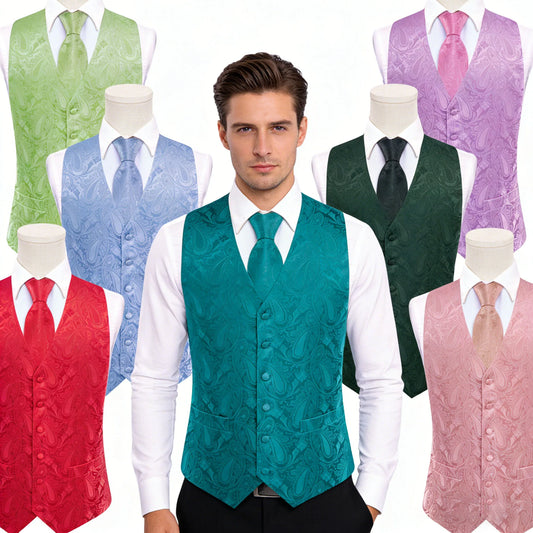 Men's Paisley Suit Vest Set with Tie Hanky and Cufflinks for Wedding and Business