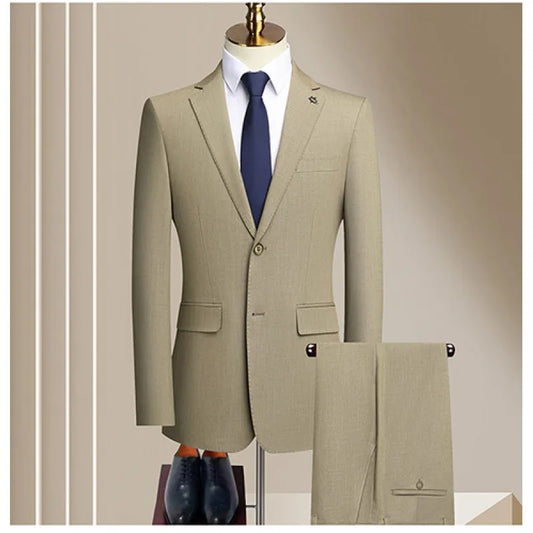 Men's Slim Fit Single Breasted Wedding Suit Set – Apricot, Grey & Khaki