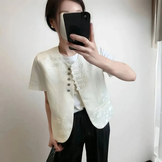 New Chinese Style Buckle Vest Coat For Women New Spring Autumn O-Neck Embroidery Sleeveless Jacket Fashion Jacquard Waistcoat