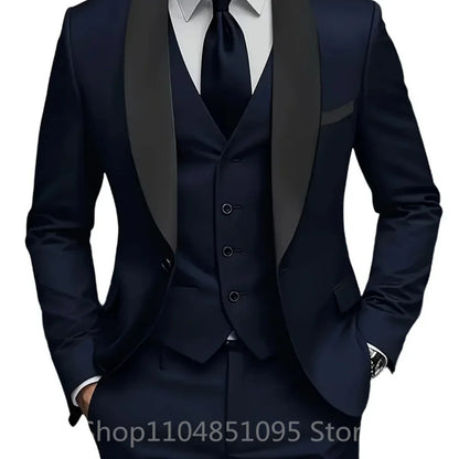 Classic Fitted Men's 3-Pieces Tuxedo Smoking Suit with Unique Lapel Single Breasted Blazer Vest Pant Set