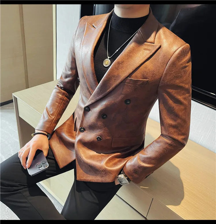 Retro Double Breasted Leather Jacket Mens High-end Fashion Slim Fit business Casual Suit Coat Formal Social Party Prom Tuxedos