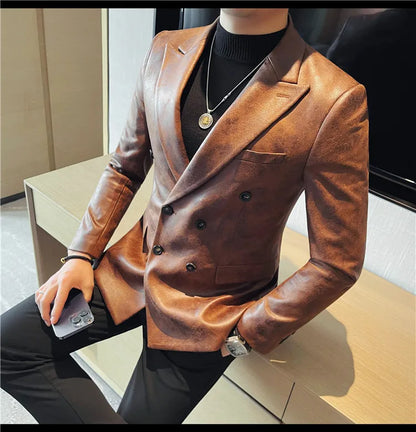 Retro Double Breasted Leather Jacket Mens High-end Fashion Slim Fit business Casual Suit Coat Formal Social Party Prom Tuxedos