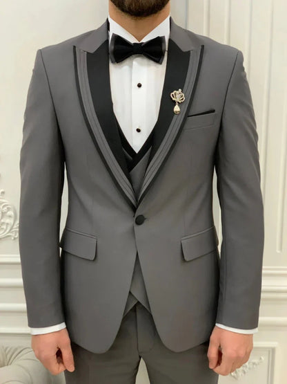 Grey One Button Peak Lapel Men's Wedding Groom Sets High Quality Formal Slim Fit Business Suit Set Business Negotiation Outfit