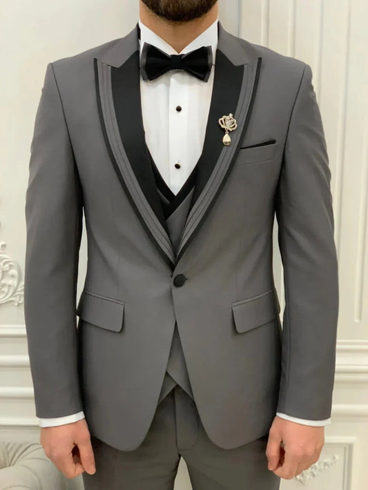 Grey One Button Peak Lapel Men's Wedding Groom Sets High Quality Formal Slim Fit Business Suit Set Business Negotiation Outfit