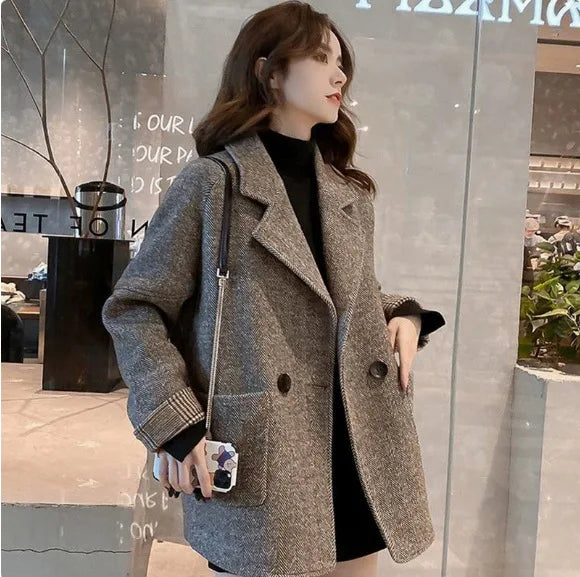 Women's Slim Fit Blazer Autumn Mid-Length Lapel Coat Contrast Cuff Detail Elegant Office & Commute Outerwear