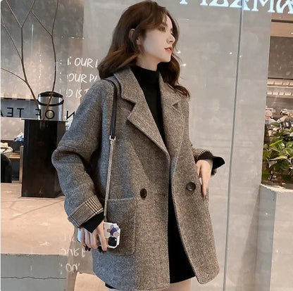 Women's Slim Fit Blazer Autumn Mid-Length Lapel Coat Contrast Cuff Detail Elegant Office & Commute Outerwear