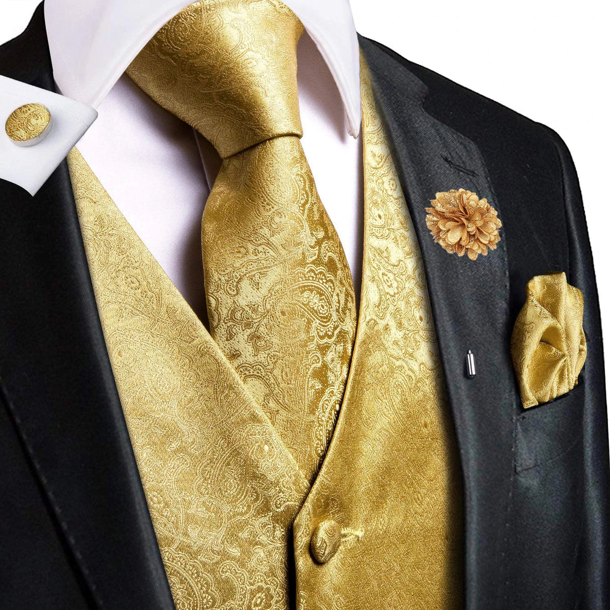 Men's Jacquard Waistcoat Suit Vest with Tie Hanky Cufflinks Brooch Set for Weddings and Business Events