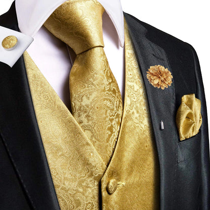 Men's Jacquard Waistcoat Suit Vest with Tie Hanky Cufflinks Brooch Set for Weddings and Business Events