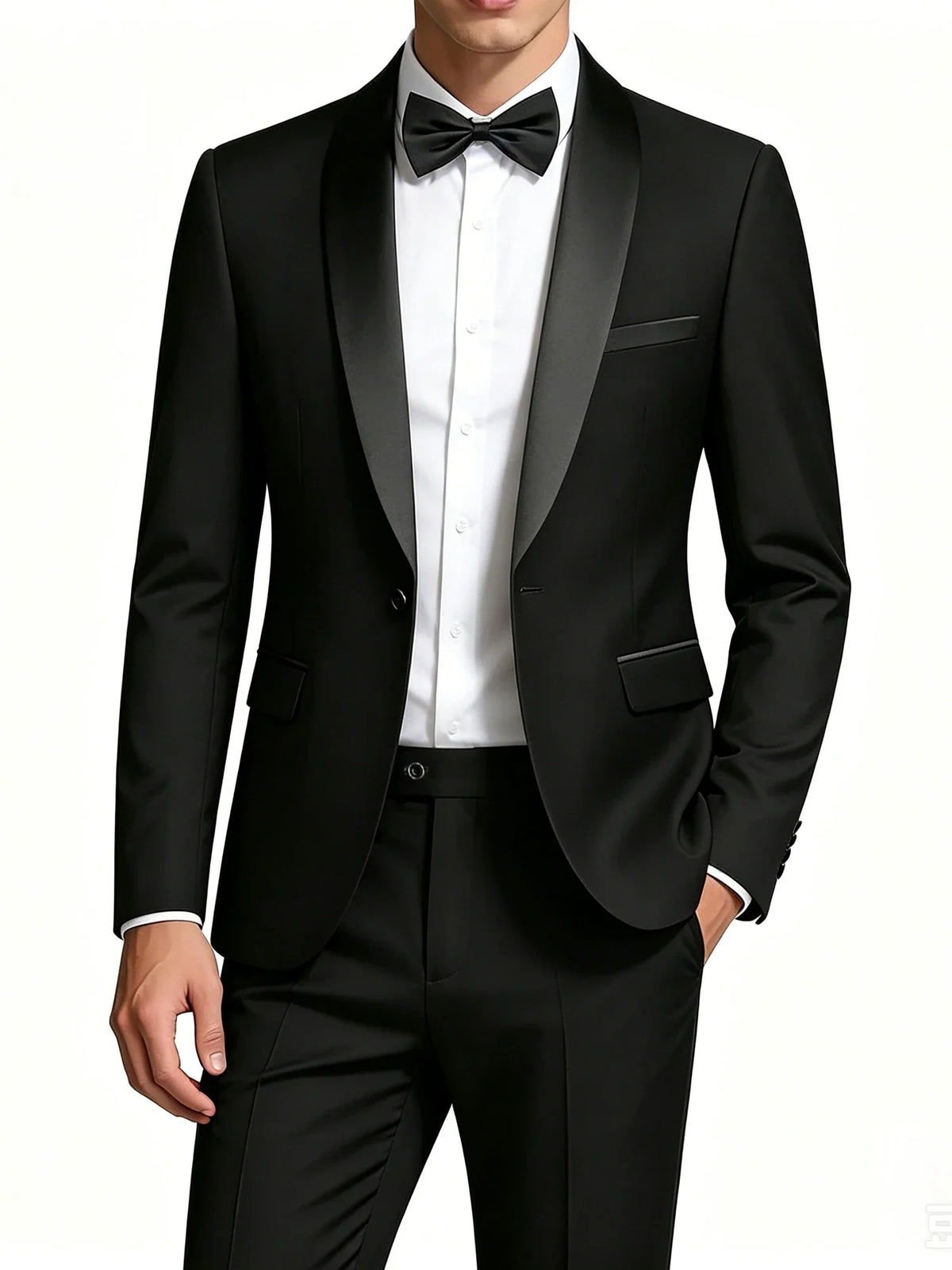 Men's 2-Piece Slim Fit Tuxedo Suit – Black Satin Shawl Lapel for Wedding, Prom & Formal Events