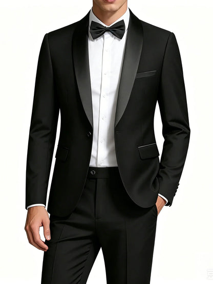 Men's 2-Piece Slim Fit Tuxedo Suit – Black Satin Shawl Lapel for Wedding, Prom & Formal Events