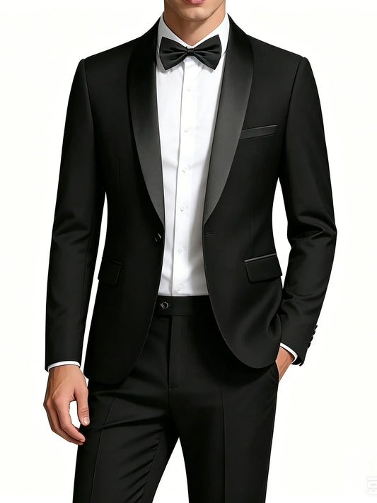 Men's 2-Piece Slim Fit Tuxedo Suit – Black Satin Shawl Lapel for Wedding, Prom & Formal Events