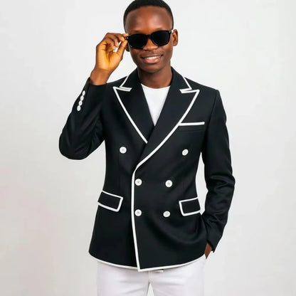 Men Navy Blue Double Breasted 1 Piece Jacket Slim Fit Wedding White Contrast Trim Peak Lapel Formal Groom Prom Office Business