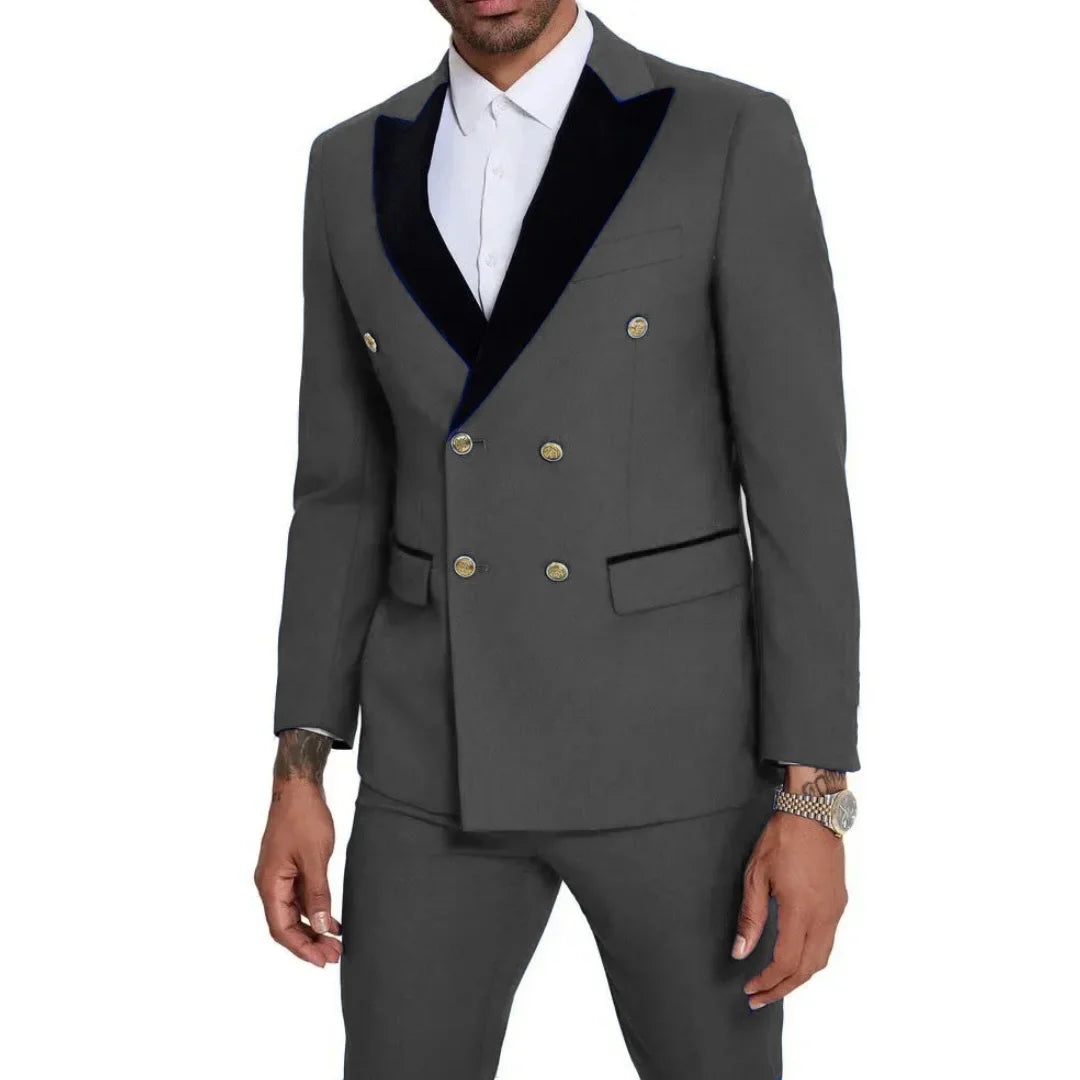 Men Suit 2 Pieces Royal Blue With Black Lapel Double Button For Wedding Business Banquet Party Office Daily Work Jacket And Pant